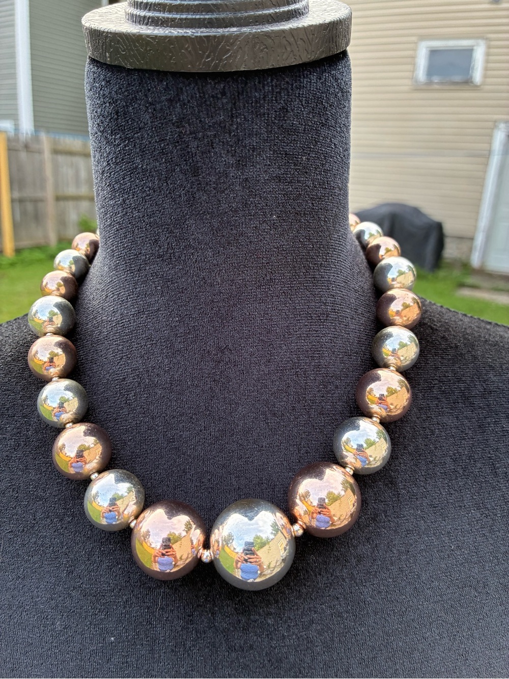 Two-Tone Metallic Bead Necklace in Silver and Bronze
